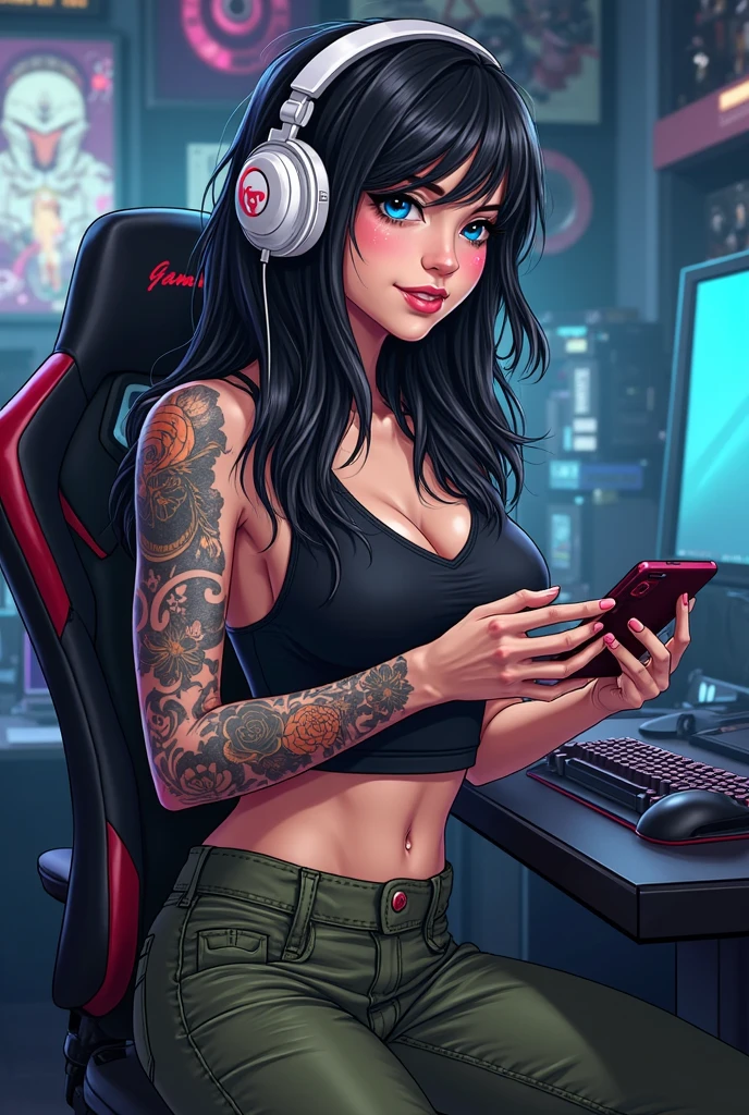 Masterpiece, 1girl, solo, gamer girl, short shorts, low waistband shorts, short_shorts, halter top, cleavage, choker, hoop earrings, back view, holding game controller, arms crossed, standing, big hips, wide hips, normal bu size, video game room, black long hair, purple hair highlights, large brea, large breas, light green eyes, shy smile, blushed, looking at viewer, rabbit ears hair ornament