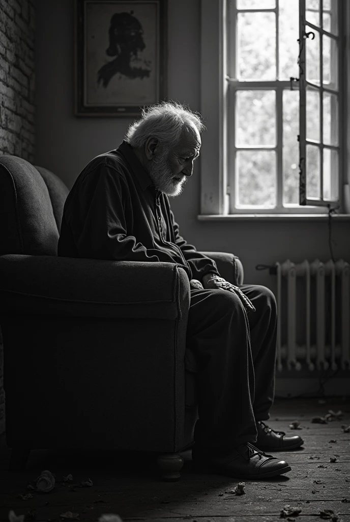 lonely old man, sitting in a chair alone, Grieving, dramatic image,