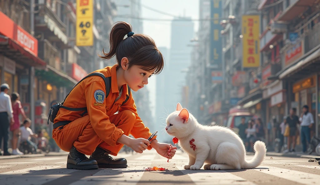 Two-year-old girl, sitting on a park chair, squatting next to a one-meter-tall orange cat
