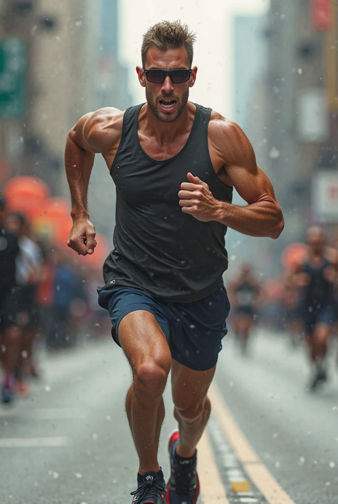 masterpiece, best quality, 1boy, handsome athletic muscular bodybuilder, running on sidewalk, sport shorts, trainers, wearing no shirt, wet, rain, realistic, dramatic lighting, atmospheric, intricate detail, ((street background)),