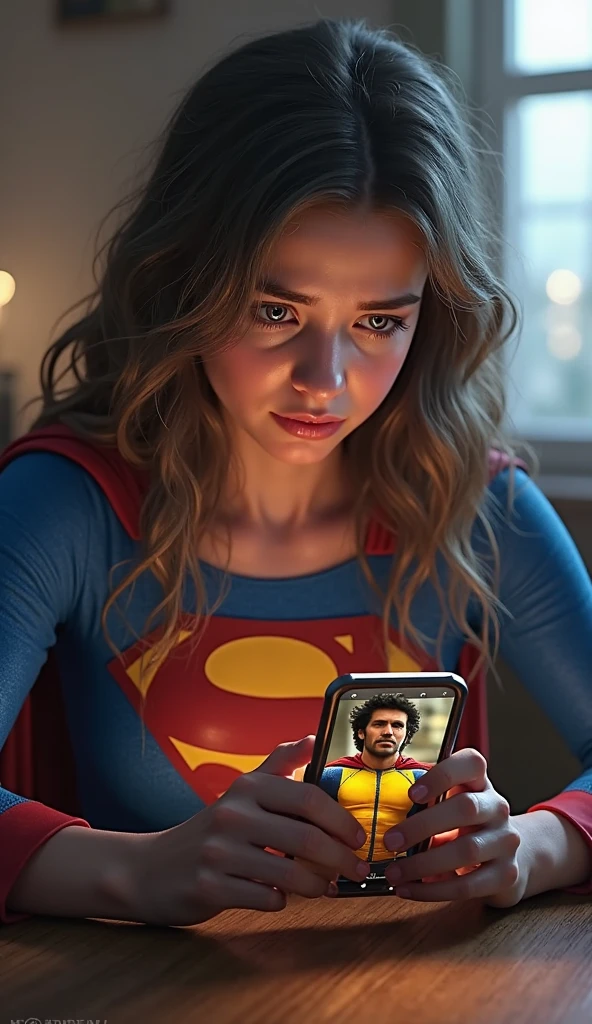 Superwoman watching phone very angry faceat home