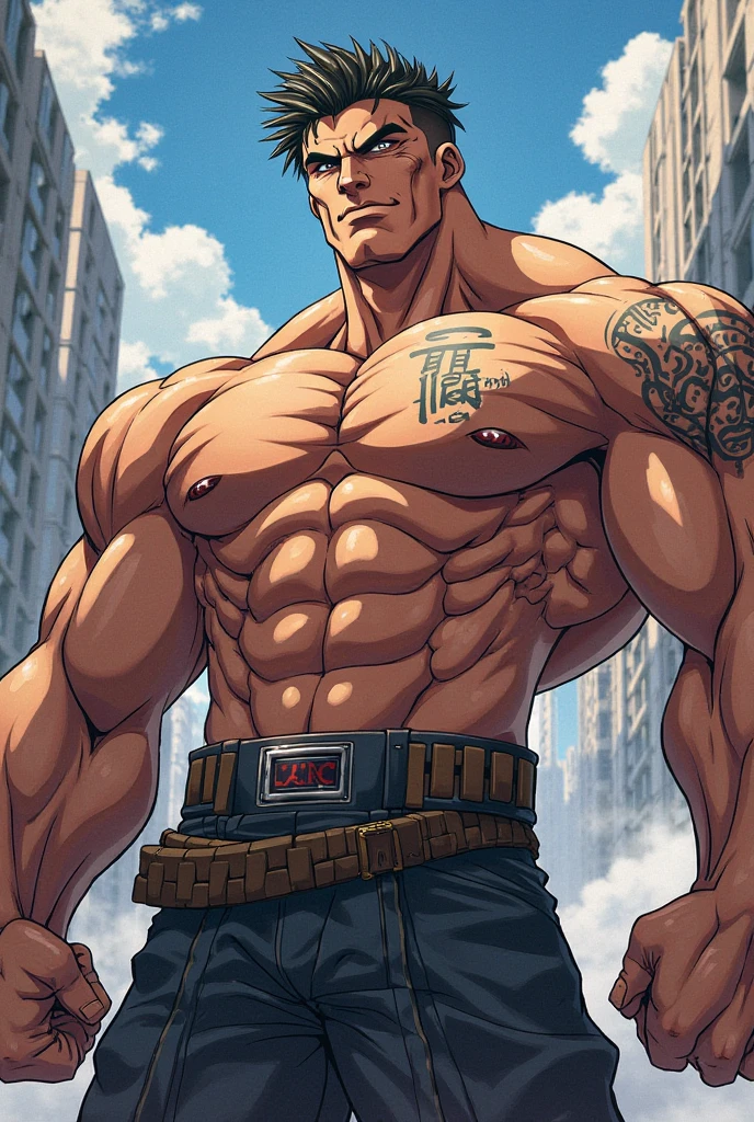 best quality, masterpiece, expressiexistless, Ultra-high resolution, Detailed background, man, Solitary, texisted male, short hair, Sukuna a man with pink hair and shirtless, Tattoo_both sides, Tattoo_exist_his_Face, Face to viewer,(A corner of the photo from bottom to top) (Highest quality images) Lion Man ,real, young, , Wearing shorts, Crotch protrusion, Anime Character, Station exists on the ground, Legs open, Male Face, bonito rosto young, Undercut Hair, Huge chest muscles, Thigh muscular, Biceps tendon, Huge body, Toned body due to intense training, muscular, 8-pack clear ABS, 3 meters high, Topless, , Glowing skin, Dihan.com, Put your hands on exist's thighs, barefoot, No beard