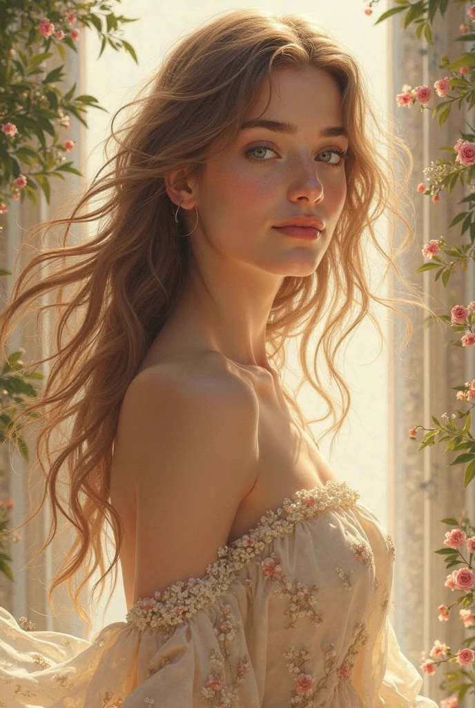 Medium shot, Aphrodite, elegant, Beautiful, Flowing hair, Nikon D850 camera, 85mm lens, Soft studio lighting, Pastel Groden color scheme, Neoclassical fine art painting, Subtle grained texture, Soft shadows and highlights were later added, Best quality, Beautiful, filmgrain