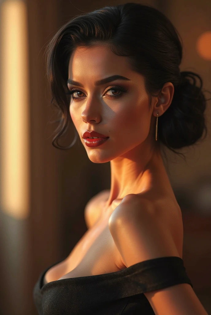 long wavy dark hair, beautiful detailed eyes, beautiful detailed lips, extremely detailed face and portrait, elegant lady, sexy woman, (best quality,4k,8k,highres,masterpiece:1.2),ultra-detailed,(realistic,photorealistic,photo-realistic:1.37),studio lighting,hyper detailed,highly detailed fabric and clothing,cinematic lighting,dramatic lighting,moody lighting,warm color tones,chiaroscuro lighting,golden hour lighting