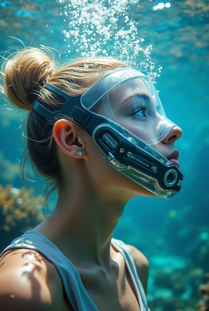 underwater shooting, deep sea, humanoid android, realistic, cyborg, bikini, ((slouch: 1.2)), full body