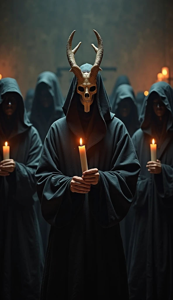 three 20 year old MEN in black robes, Blood, candles, voodoo, clear and ultra realistic image
