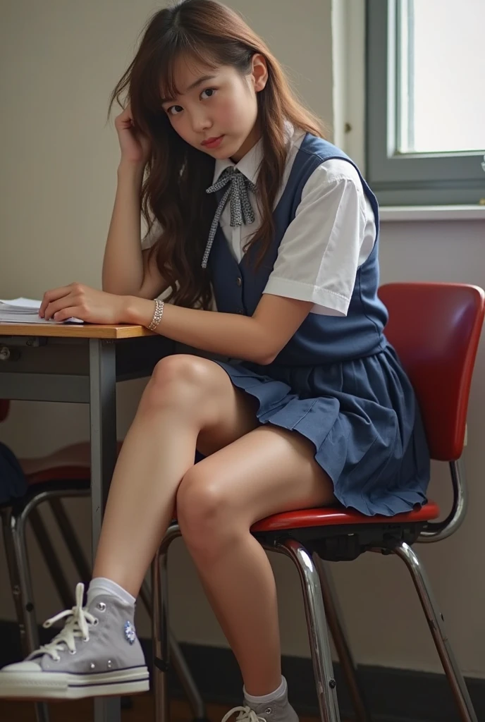 Long black hair, white skin, Chinese, young, thick eyebrows, black eyes, biting lips, white school uniform, green tie, small waist, blue short skirt, white socks, in the classroom, sitting on the desk, revealing white panties, slim legs, brown school shoes, realistic, 8k, masterpiece, high resolution, high resolution, anatomically correct, high resolution, inspired by Marin Kitagawa in anime