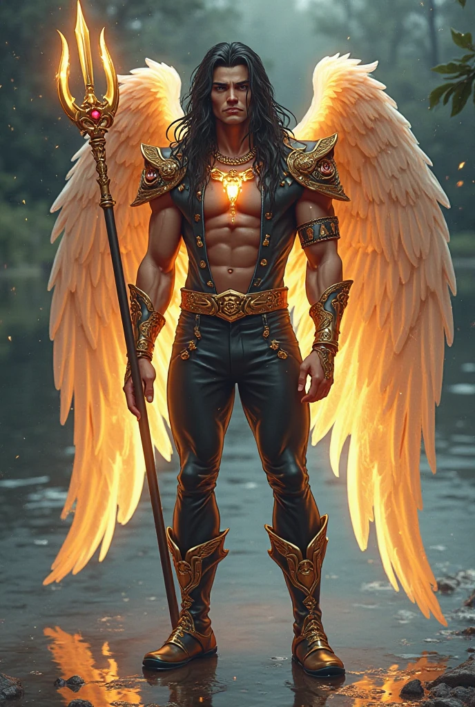 A muscular handsome man is imprisoned in a darkest place, extremely muscular body, perfect body, large chest, largest pectorals, big nipples, well-defined abs, shiny smooth skin, Sexy gaze, (looking at the viewers romantically), sexy posture, above his head is a golden halo ring, he is bathed in golden sacred light coming from above, (a gold crown on his head, his body is shackled with gold chains, gold finger rings, hands and neck are shackled with golden chains at back, two angelic golden wings on his back, golden shiny tattoos on his chest and hands), (A Voluptuous golden brief with a band of gold with sparkling gemstones, (bulge: 1.2)). He has short black hair. This scene looks like something out of the realm of fantasy or legend seen from above, (full body view), full view, whole scene, view from afar,
