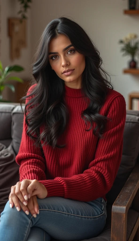 yor briar,<lora:yor:0.8>, 1girl, photo of beautiful girl, sitting in a living room, windows at the back,bangs, black legging, book, bookshelf, breasts, cleavage, earrings, gold earrings, gold hairband, jewelry, long hair, long sleeves, looking at viewer, medium breasts,off-shoulder red sweater, plant, red eyes, red sweater, smile, solo,red sweater, white hairband, BREAK (ultrarealistic:1.6),focus photo on subject, (best quality, masterpiece, detailed:1.2), (RAW photo, photo realistic:1.3), absurdres, 8K UHD, high definition, ultra detailed, high quality texture, intricate details, detailed texture, finely detailed, high detail, extremely detailed cg, high quality shadow,soft lighting, high quality, (film grain:1), Fujifilm XT3
