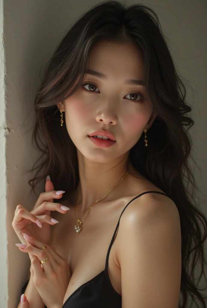 (masterpiece:1.3), (8 thousand, realistic, RAW photos, best quality: 1.4), (1 woman),(very sexy), (Beautiful makeover), (유난히 아름다운 realistic 얼굴), (Build a beautiful body) , (long eyelashes), (double eyelid), (black hair. parted, long hair:1.3), (아름다운 parted스타일), (Realistic and truly beautiful and delicate eyes), (beautiful and big breasts), (realistic and beautiful skin), (absurd), (attractive), (ultra high resolution), (extremely realistic), (very detailed), (golden ratio), (necklace), (earring), (So beautiful and sexy)