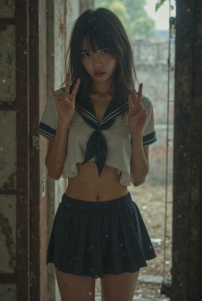 (((????1.2)))，masterpiece, Premium Quality, Highly detailed CG Unity 8k wallpaper, Ultra-realistic 8k CG, Perfect artwork, Hourglass-shaped body shape, Dramatic Shadows, (Spotlight, Perfect lighting, Detailed light, (((1 Girl ))), ((Sharp Face)), ((Lead Hair, ponytail)), (((???? pose))), Model Body Type, I can see your belly button, Big and ample ???????, (Asymmetrical bangs, Beautiful eyelashes, Green Eyes), Beautiful Face, (Beautiful bust line: 1.2), (Cleavage), beautiful girl, Exquisite features that represent a perfect face,  school girl, expensive , Sailor suit, Pleated skirt, loose socks, In front of a wall covered in graffiti, night,Full Body Shot,Centered