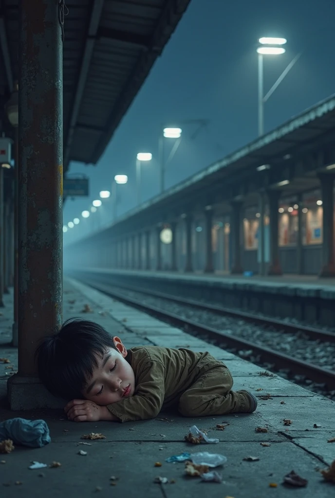 A boy in a train with uncomfortable place sleeping in lower over all shoes and legs 