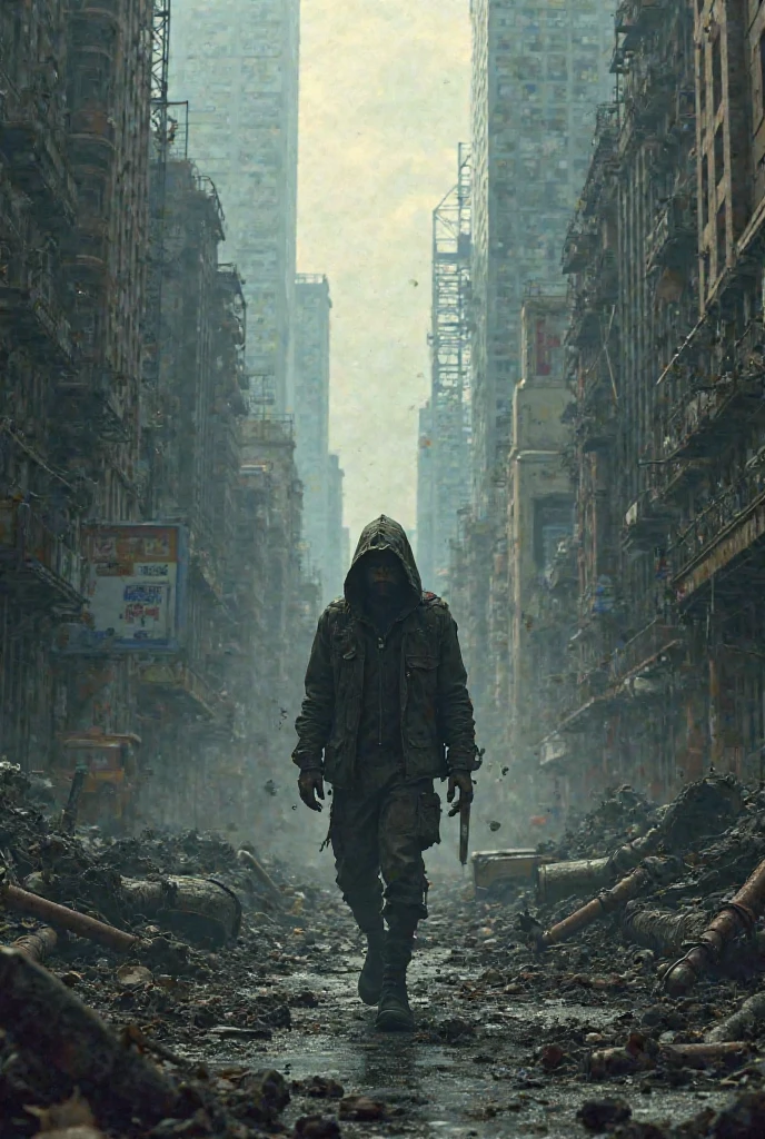 A zombie wanders among the rubble of a destroyed city, among the rubble remains of furniture and car parts emerge, in the background some monstrous creatures with red eyes can be glimpsed