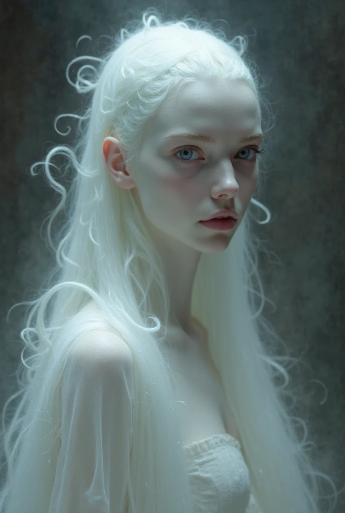 Incredibly detailed photography of a beautiful vampire alien, renaissance, Cheveux longs et blancs, yeux blancs complexes, Fantastique, ethereal, hyperdetailed, 32k resolution, dinamic lighting, nombril couvert, hyper detailed, intricate high detail, Tendances sur ArtStation, Costume de luxe blanc, volumeric lighting, BalenciagaStyle