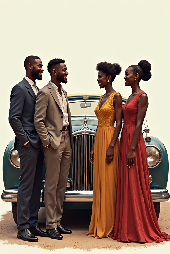A group of four friends sitting in front of an old model Royce Royce two Nigerian male and two female wearing an old school dress the males wearing a suspended belt and a hat and a bow tie and female with a big skit with old school hair styles