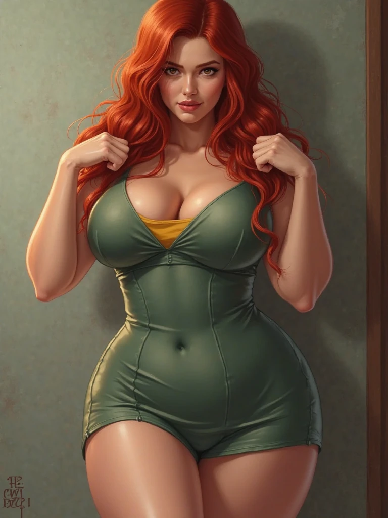 Best quality, solo mature Latin woman, giant breasts, giant ass, very curvy, light skin, long wavy red hair,, pear brown eyes, full lips, seductive, sly smile, red cleavage shirt, green wrap dress, cleavage, thick thighs, curvy physique, standing, Latin designs on her dress, green earrings, Latin designs, small round head