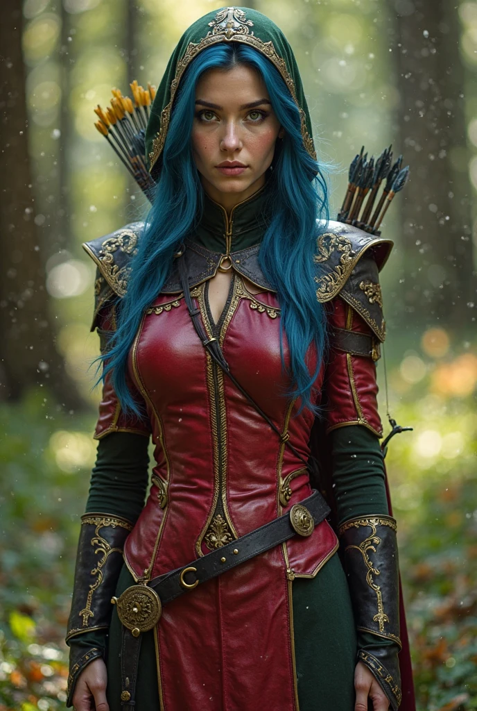A moon elf nonbinary person with bright teal hair a red cloak and glowing eyes ready to assassinate. Warlock who drains souls. Full body.