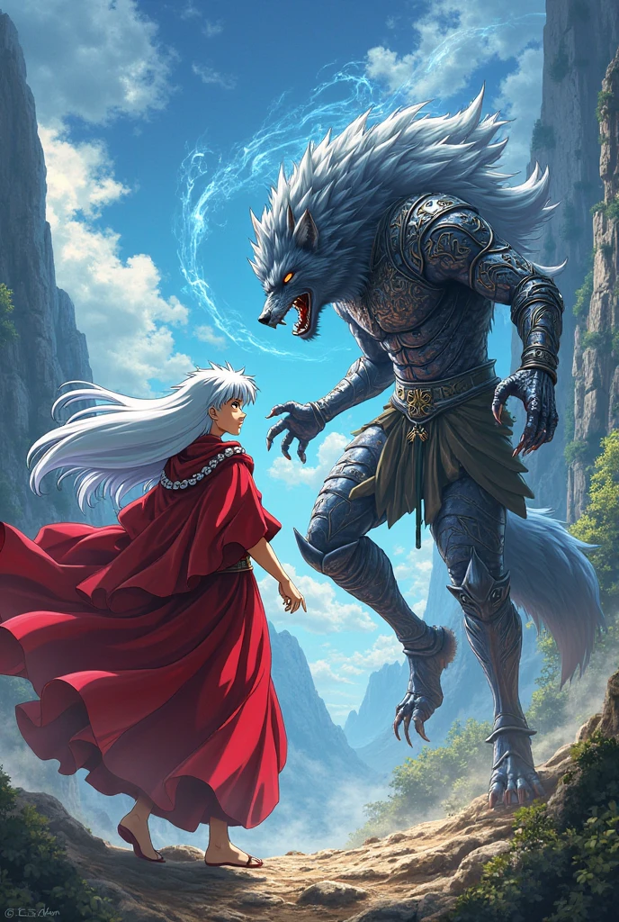 Fierce warriors battle a gigantic wolf-like creature
