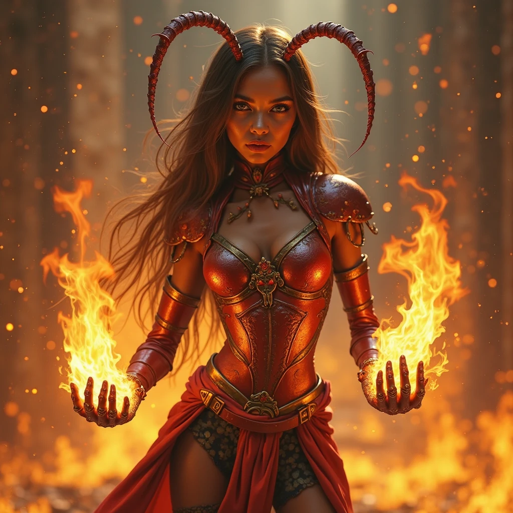 Beautiful mature female demon, horns, tail, cruel smile, red skin, sexy fetish armor, wreathed in fire, (fiery eyes:1.2), temptation, taking your soul, hellscape background, tortured souls, hordes of hell in the distance, (masterpiece), (photorealistic:1.4), RAW photo, best quality, high res, rich colors, backlight, bright sunlight, cinematic lighting, film grain, raw photo, 50mm lens, Nikon D850, warm colors