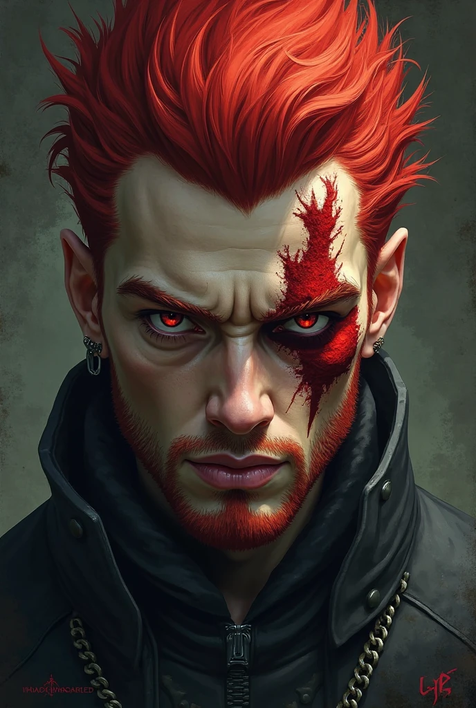 Very masculine man with red hair and green eyes, with blood on his face and a piercing gaze, the background is darker and the only highlight is this guy