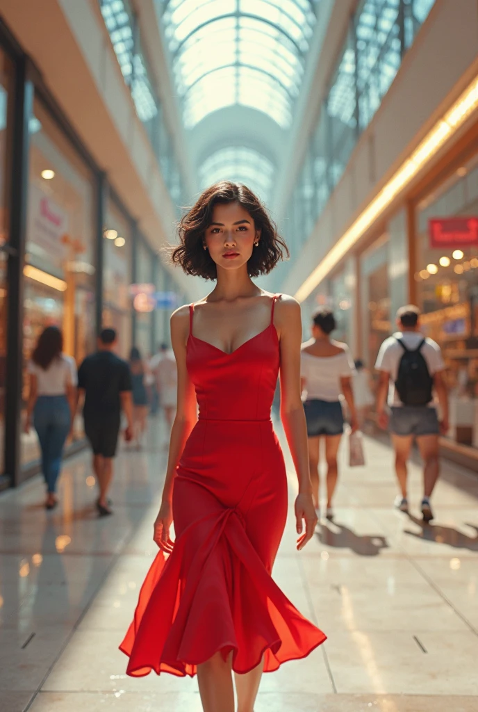 Skinny girl with medium boobs,skinny body and short hair , red dress