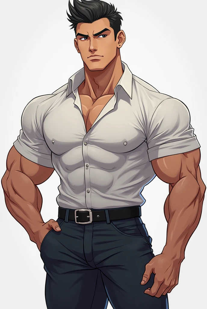 masterpiece, handsome ,best quality, muscular, bara, mature male, wearing white unbuttoned shirt, short white haircut, large pectorals,white jeans, thick eyebrows,white background