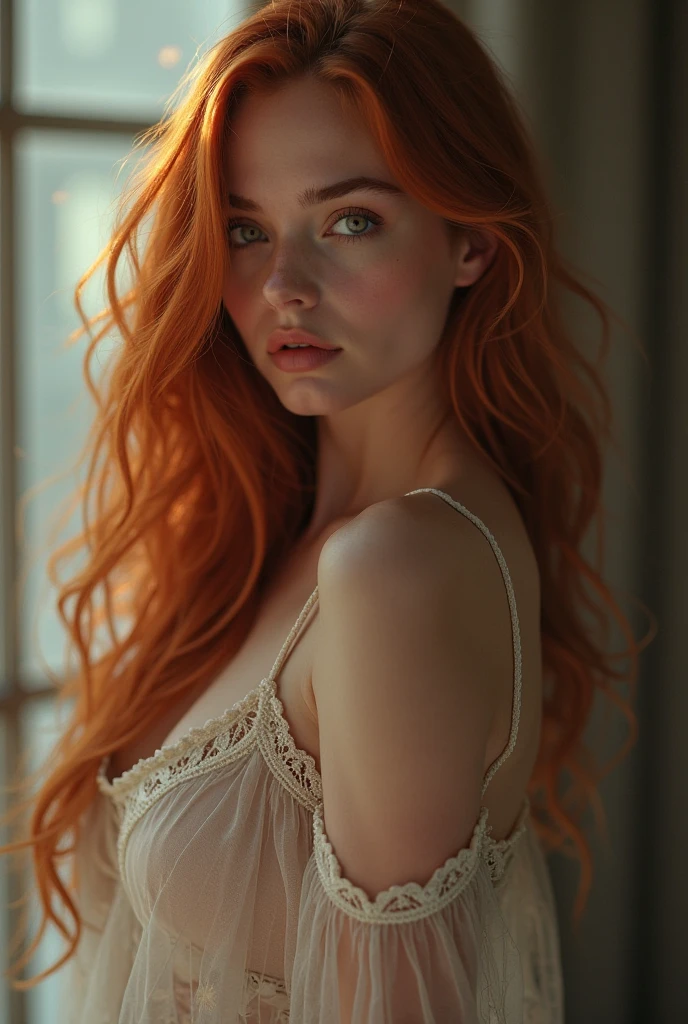 Beautiful girl with wavy long ginger hair, bohemian dress,