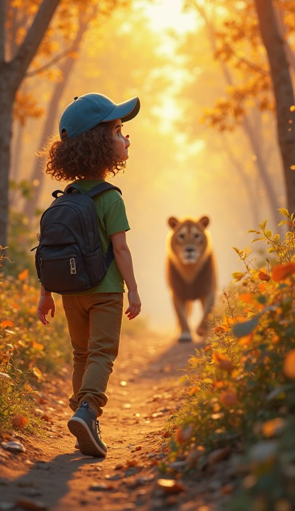 The lost explorer - (child), stream with tadpoles and two lions in the background
