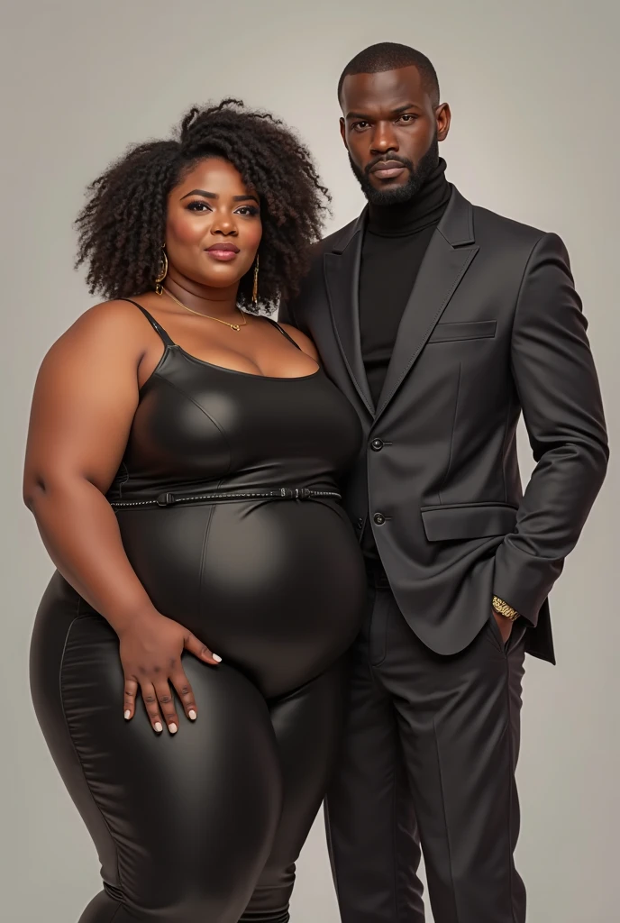 A couple formed by a young black man with fine features, straight hair cut low, thin moustache, super tall stature, thin but with a muscular body, wearing formal clothes and an extremely white woman, greeneyes, short stature, super wide body with very wide hips and huge glutes, Waist slender. Wearing a long dress with long sleeves covering her arms. Wavy hair in light brown with a hint of red. They are both in New York.