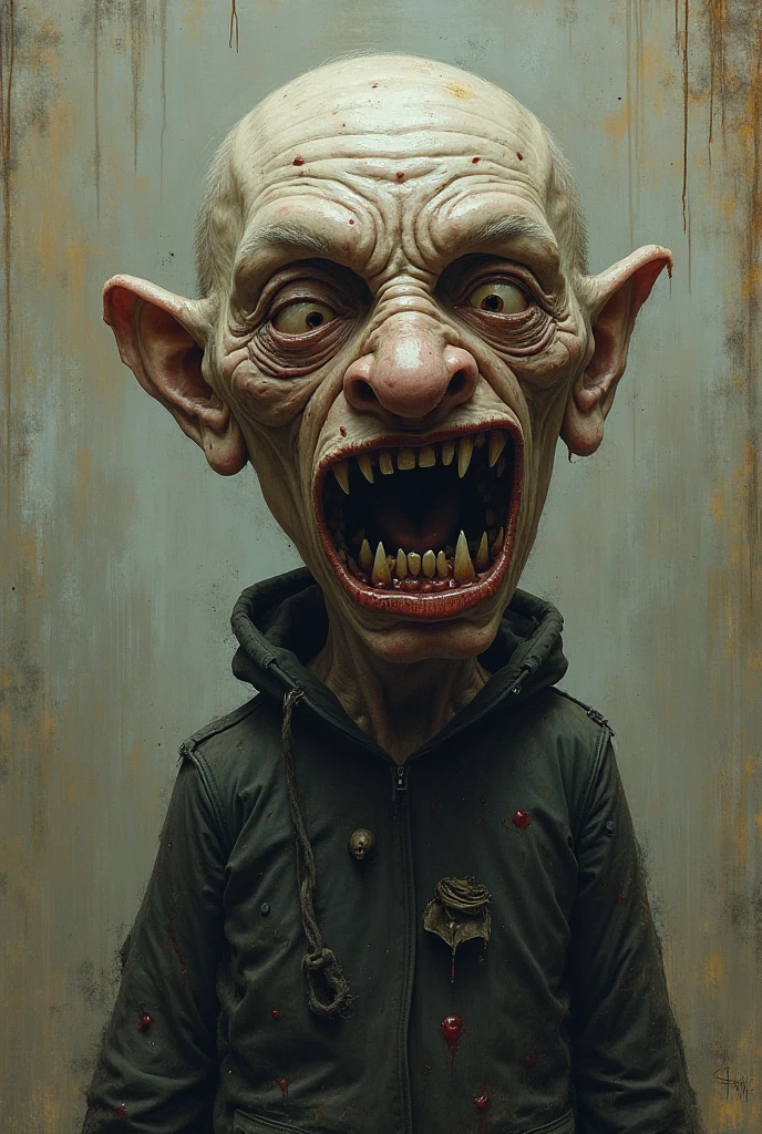 Hyperrealistic photo (Full body photo) Weird in a funny style, weird, head shaped like a rubbery penis, bulging eyes, skin folds, veins, big teeth, red eyes 1 person smiling walking down a city street looking across the street at the camera, surreal