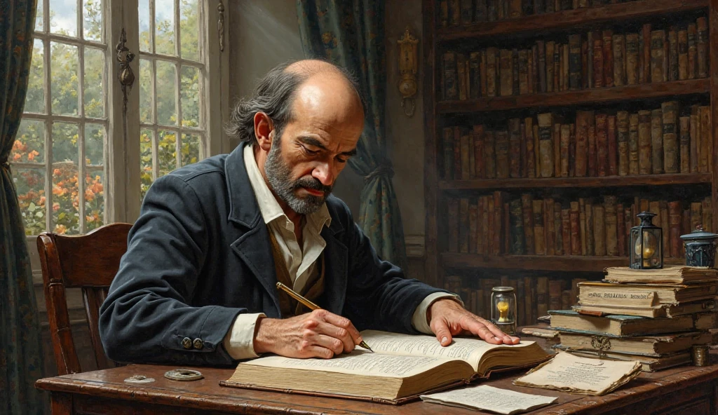 "A scene of Montaigne sitting at his desk surrounded by books and papers. He is deeply immersed in his writing, with a contemplative and peaceful expression. In the background, there is a window showing a serene garden, symbolizing his pursuit of self-knowledge. His hand rests on a book, and the setting is filled with symbols of wisdom and reflection."