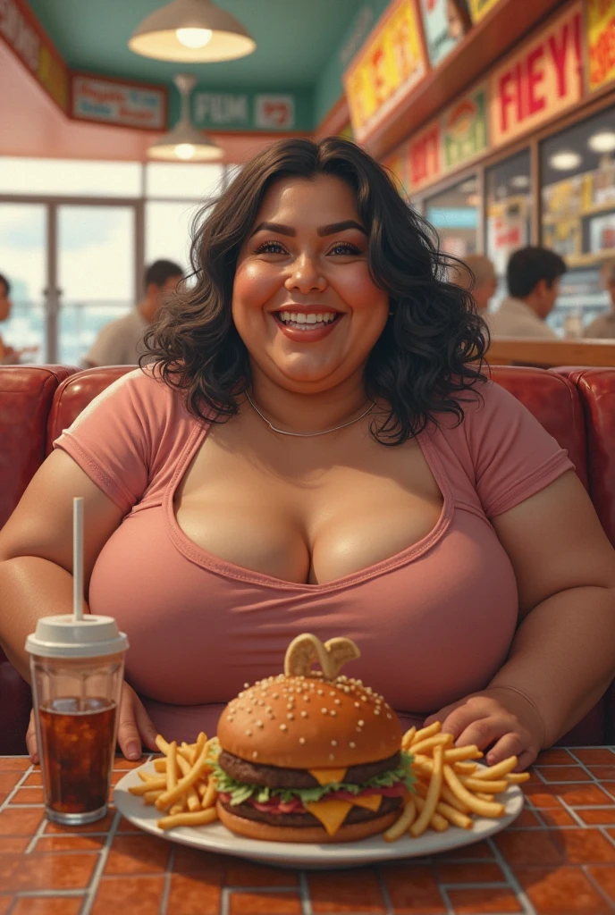 Salma Hayek, two fat girls, at a buffet, surrounded by food, lots of fast food, hamburgers, girls groping each other, eating, naked, no clothing, no shirt, , no bra, (no clothing:1.5), huge breasts, gigantic breasts, (gigantic breasts:1.9) fat belly, (fat belly:1.5), extremely fat, immobile, too fat to move, ssbbw, (ssbbw:1.9), extremely overweight, mounds of fat, piles of fat on her belly, belly stuffed full of food, lesbian girls, duo, girls groping each other, blushing, aroused face, sweating,