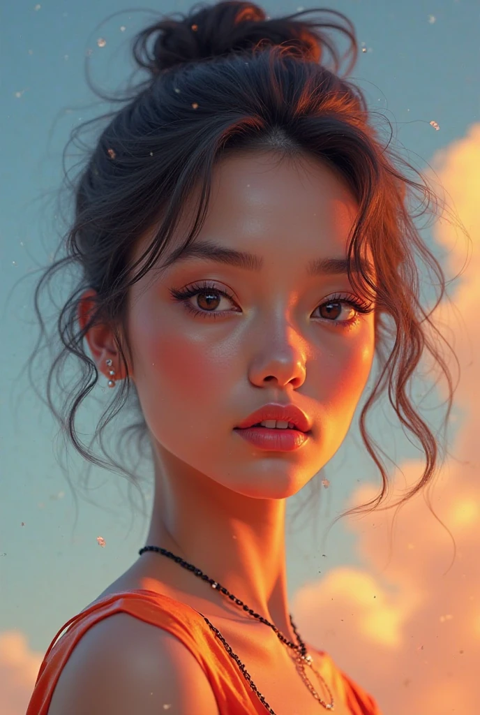samdoesarts style award winning half body portrait of a beautiful woman in a croptop and cargo pants with ombre navy blue teal hairstyle with head in motion and hair flying, paint splashes, splatter, outrun, vaporware, shaded flat illustration, digital art, trending on artstation, highly detailed, fine detail, intricate
