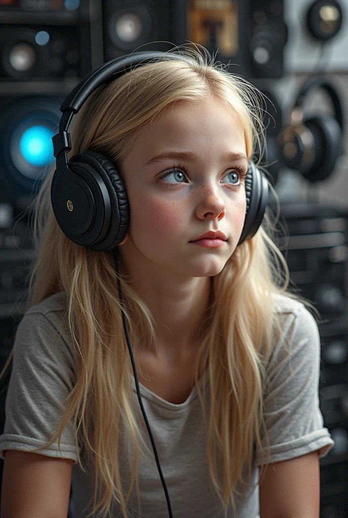 Russian child girl blonde long hair straight, put on headphone jack and change into a cyberpunk yellow coat but do not change the face, yellow background. --auto --s2