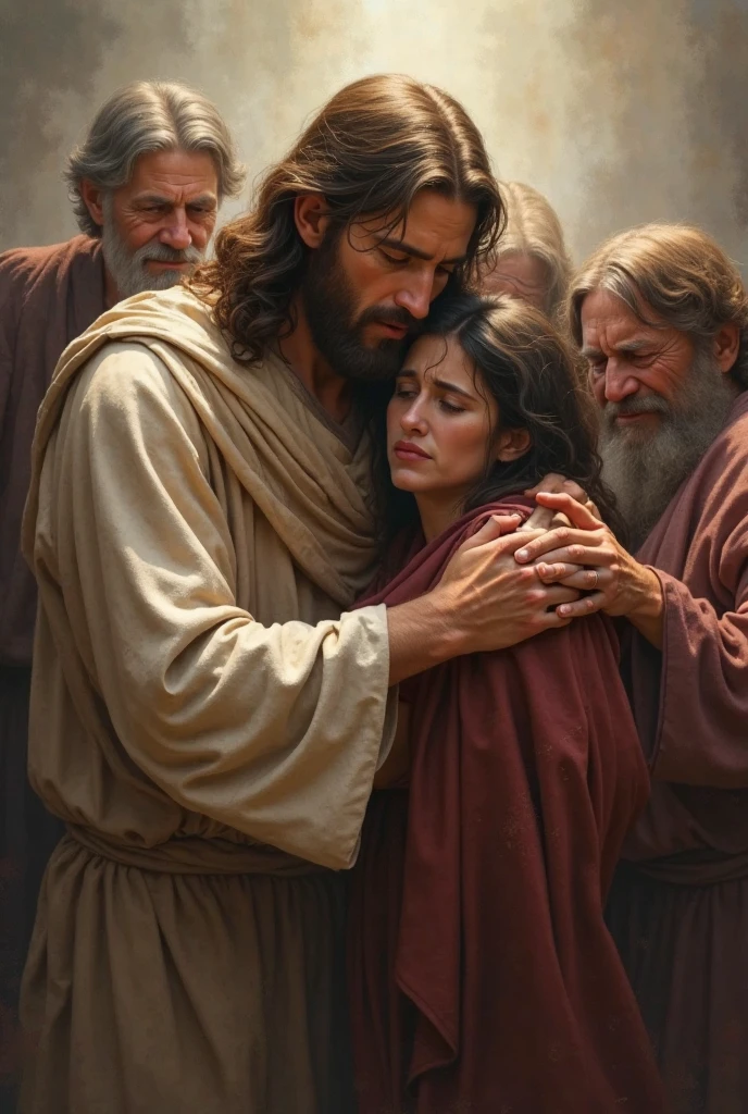 Sam Spratt Style - Realistic Style, Jesus Christ embracing weeping people