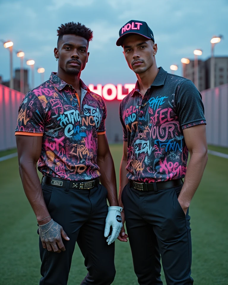 A high-end, editorial-style banner image for the disruptive golf-fashion brand HOLT. Two stylish male models dressed as real golfers, standing in an urban rooftop driving range at dusk. The first wears a bold, graffiti-inspired HOLT polo with a streetwear cut, flashy colors and dynamic patterns, paired with tapered golf pants. He has a golf glove on one hand and a confident pose. The second wears a street-style golf outfit with a neon-accented cap featuring the HOLT logo in bold street-art typography. Both models have realistic golf stances and accessories, but no golf clubs are visible. Behind them, a clean urban skyline with a large HOLT neon sign on a rooftop. The vibe is authentic golfer meets modern streetwear culture. Soft moody lighting, editorial finish, subtle background blur, lots of style and golf attitude. Clean central space for title overlay.