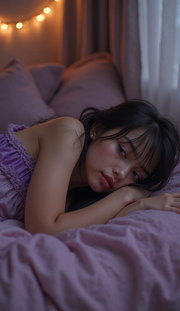 captured from behind:1.3, a 1 girl laying on her side on a cute girly bed, wearing skimpy revealing pajamas, unaware of the camera capturing her from behind, not looking, night scene, highly detailed, photorealistic, 8K, HDR, soft lighting, warm colors, beautiful detailed face and eyes, long eyelashes, glowing skin, intricate details, aesthetic, erotic, sensual, suggestive, gorgeous, corkboard, nightstand, wall hangings, rug