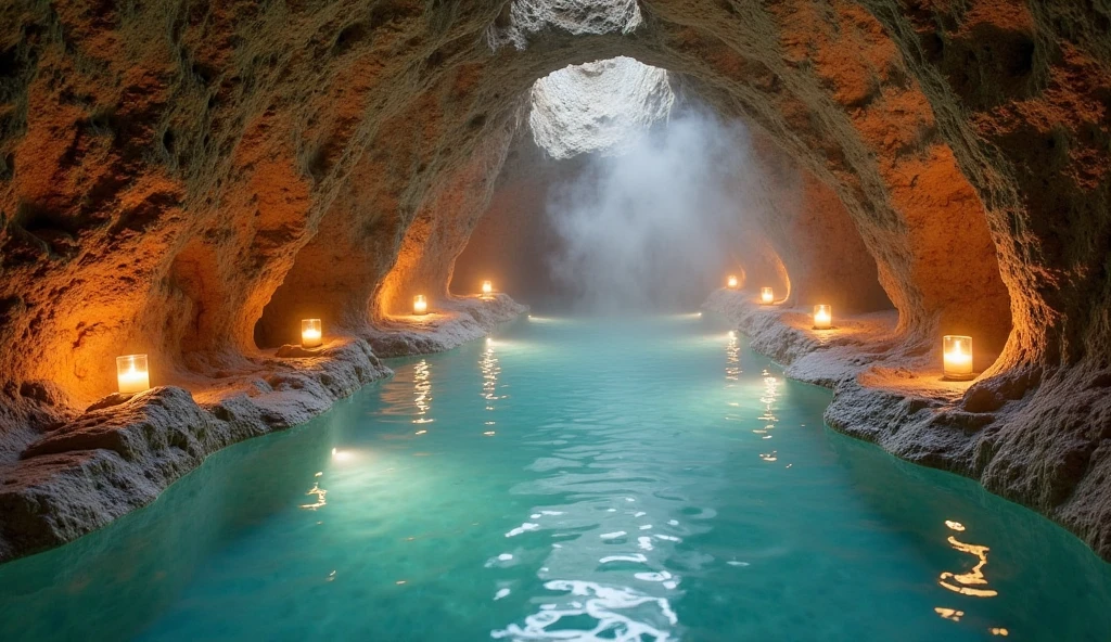 (Best quality, 8k, 32k, Masterpiece, UHD:1.2) water nymph welcomes you to her private cavern, deep underground, subterranean, jewelry, clothed, sfw, atlantis, wet, warm light, bioluminescent, smile