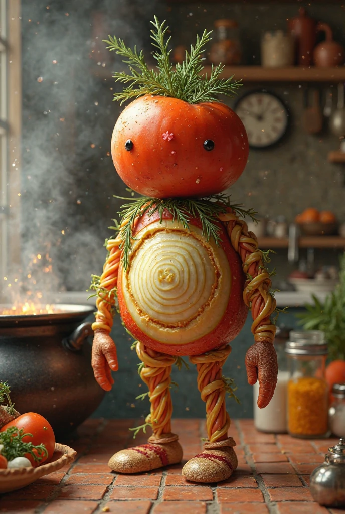 A large bowl of orange jello in the shape of a man, standing upright with arms and legs. The jello is surrounded by a moss green palette, with a few scattered plants and rocks. The bowl is placed on a wooden table in a dimly lit room with exposed brick walls. The room has a rustic, immersive viewing experience with arte povera elements, such as a wooden bench and a few simple, handmade objects. The room is filled with natural light from a large window with a view of a lush garden., Conceptual art, minimalist sculpture, playful humor, in the style of Claes Oldenburg.