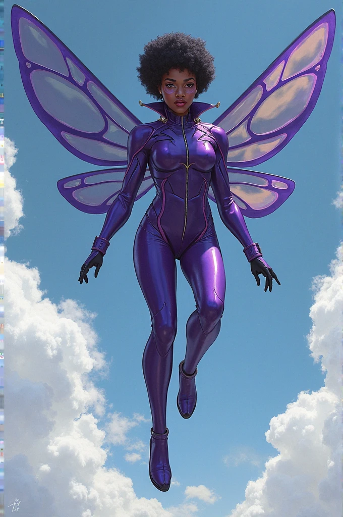 <lora:fairimontest:0.9> fairimon, facial mark, purple hair, short hair, visor (armor), hair ornament, (covered eyes:1.7),, belt, bikini, bra, butterfly wings gauntlets, cleavage, garter straps, gauntlets, highleg, highleg panties, navel, panties, purple bra, purple panties, shoulder pads, swimsuit, thighhighs, underwear,<lora:butterflyWings_butterflyWingsV1:0.8> light blue butterfly wings, <lora:Fly-10:0.8>, fly, above cloud, city, buildings, flower petal, lots of small butterflies, (full body shot),