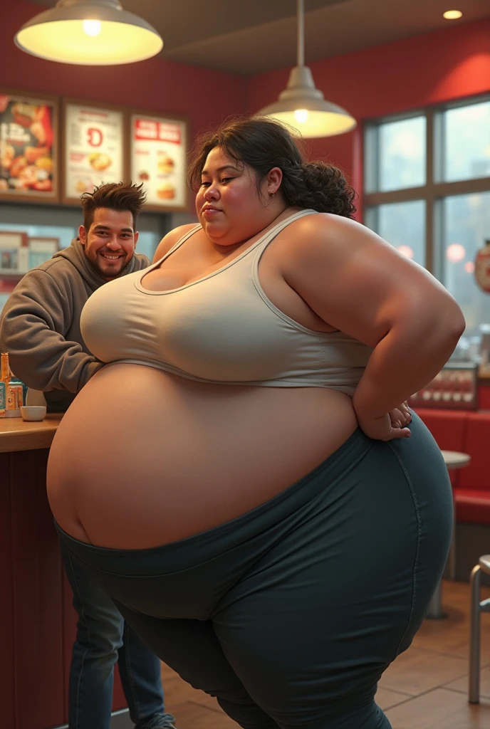 photo, studio lightning, extremely morbidly obese woman, (muscular man holding her huge fat belly and feeding her cheeseburgers and milkshake from a pile of food besides them), ssbbw belly, unrealisticly fat belly, naked, beautiful thin face with long dark hair, belly about to explode, belly skin ripping because of her extremely vast size, cellulites on thighs, looking exhausted and worried down on her belly, extremely huge fat natural breasts, sweating profusely, (((belly fat rolls))), muffintop, 20 year old, unrealisticly extreme belly hang. belly hanging down to her knees, jiggly belly, soft belly, soda can sticking out from her belly fat rolls