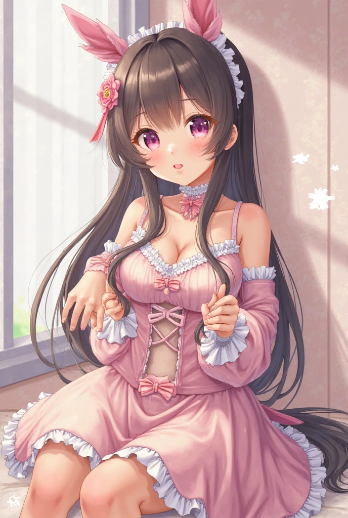 4K,High resolution, (Highly detailed CG,8k,wallpaper)、One five-year-old ,((Young Girl)),((Lori)),(Delicate and slim body),(low length),(Clean detailed eyes,smile),(きれいな整ったLarge Breasts),(Large Breasts),(Huge breasts),(((Huge breasts)))(Miniskirt,dress),(Black Hair,Pink inner color hair)