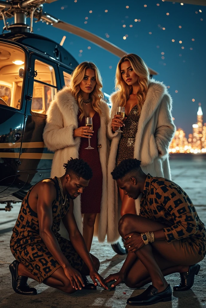 Group of Ebony african elves, toasting champagne, sexy black and gold, hoodie outfit, winking, gold jewelry, ((fireworks that read Happy New Year!)), ( new years party), holding glass in air