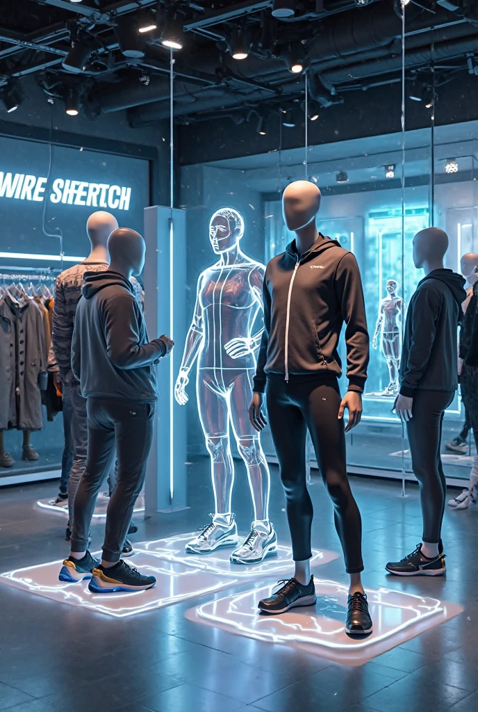 A booth that scans people with physical disabilities and models suitable clothing for them to place a person with a prosthesis inside the booth