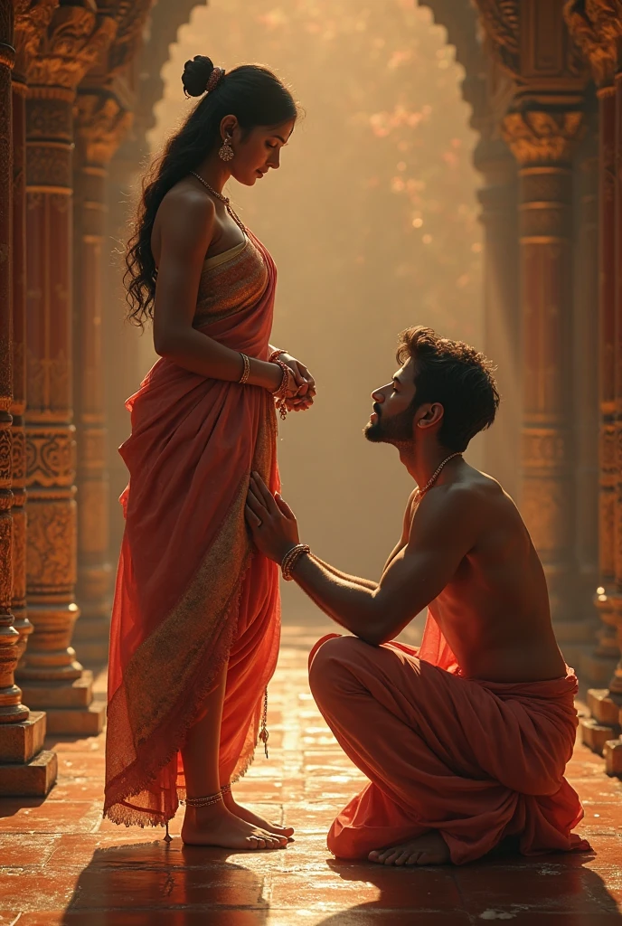 A naked girl tying rakhi on a boys dick.