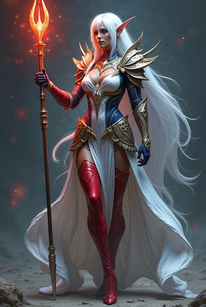 (masterpiece, high quality:1.8), extremely detailed, ambient,
SallyWhitemane, 1girl, mature female, FeelsGood, determined,
white hair, long hair,  jewelry, (eyeshadow:1.8),
hat, shoulder armor, (two-tone leotard:1.2), gold trim,
red background,
