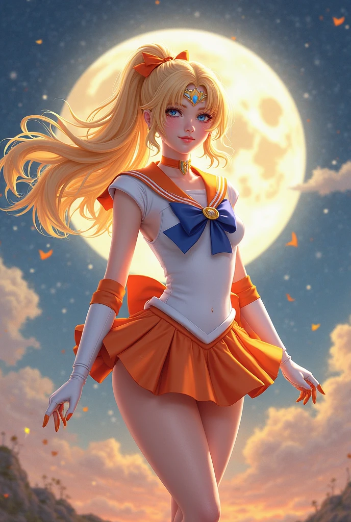 masutepiece, Best Quality, hight resolution, SV1, Sailor Senshi Uniform, Orange skirt, Poolside in summer、summer sunlight、gust of wind、White panties visible from the miniskirt、Bikini Panties、White shorts visible from the white hort view、elbow groves, tiarra, Pleated skirt, Flipping up a miniskirt, White panty、Beautiful pantieeautiful camel toe、Red bow, orangechoker, White Gloves, Jewelry, Starry sky, badass pose, slight smile, Portrait, floating, Moon, Upper body