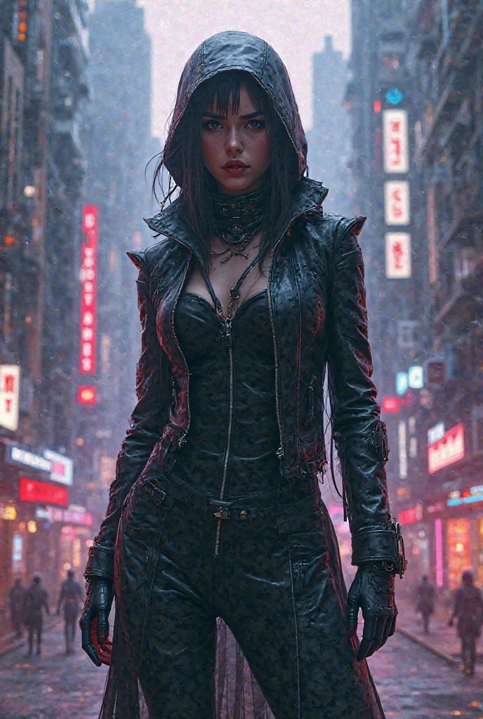 Lysandra, a vampire, stands out in the dystopian city. Her wavy black hair and golden/reddish eyes reveal her vampiric nature. Her pale skin contrasts with red lips. In the background, shadowy skyscrapers and decaying neon lights create a sinister atmosphere.