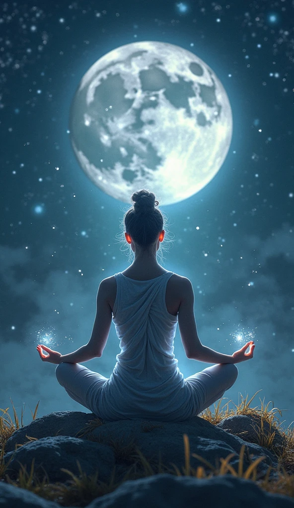Woman facing backwards sitting in zen meditation pose、Fusion with space bodies, The crescent moon of the new moon shines brightly, Ultra-fantastical、Chakraの解放、The infinite mystery of the universe and the individual's cosmic symbiosis. A pillar of light descends onto the place where the person is sitting., Penetrating deep into the Earth's mantle. This means a ground connection to the earth, Transcending it through meditation、Anchoring a person to physical reality. The lighting in this image is as balanced as the air, Physical and metaphysical. Use a wide-angle lens, 16-35mm f, wait./2.8, This allows you to capture a wide range of images., Small openings like F/If you use 11、You can focus on all the elements. About lighting, soft, Throwing diffused light on a meditating figure、Shine with a fantastic glow, It means the illumination of enlightenment. For background, dynamic contrast、Flying out of the inner layers of the galaxy and the Earth, Use post-production techniques to fine-tune the details, yoga, 8K Wallpaper, Cinema lighting, Falling from a rift in space-time, Chakra, Kundalini, mysterious, Enlightenment,