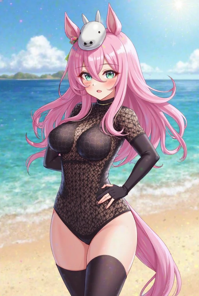 Lustful woman, with wolf ears and pink hair, holding her cheeks, wolf tail, wearing a bikini, looking at veiwer, full body